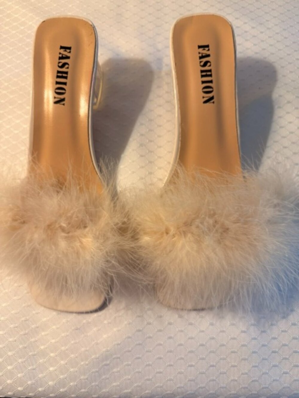 Fashion Beige Faux Fur Clear Heel Slide Sandals Size 40